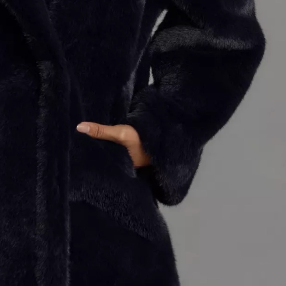 NWT | ANTHROPOLOGIE Avec Les Filles Deep Navy Luxe Faux-Fur Blue Mink Long Coat - Picture 5 of 11